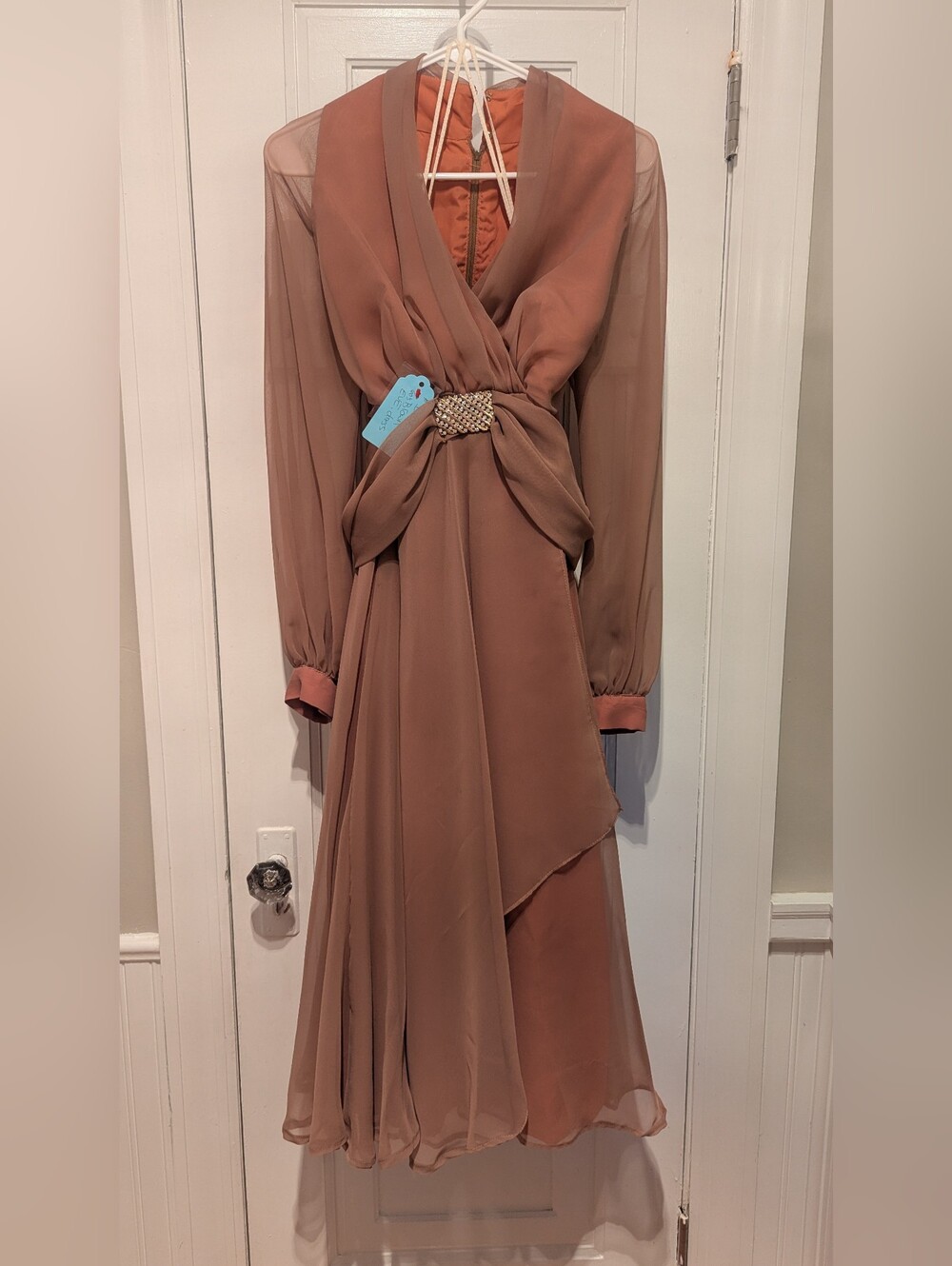 Vintage Elegant Brown Chiffon Evening Dress With Sheer Long Sleeves.